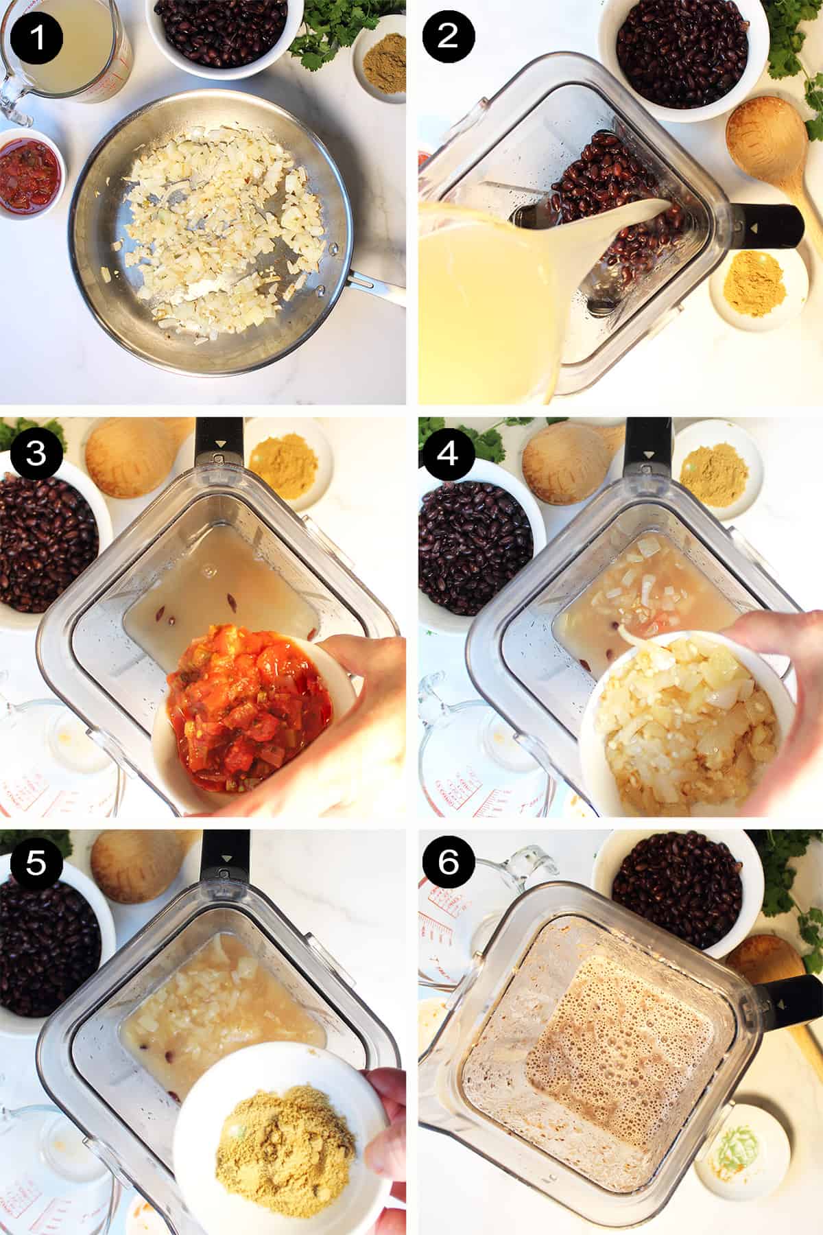 Collage of steps for chicken black bean soup.