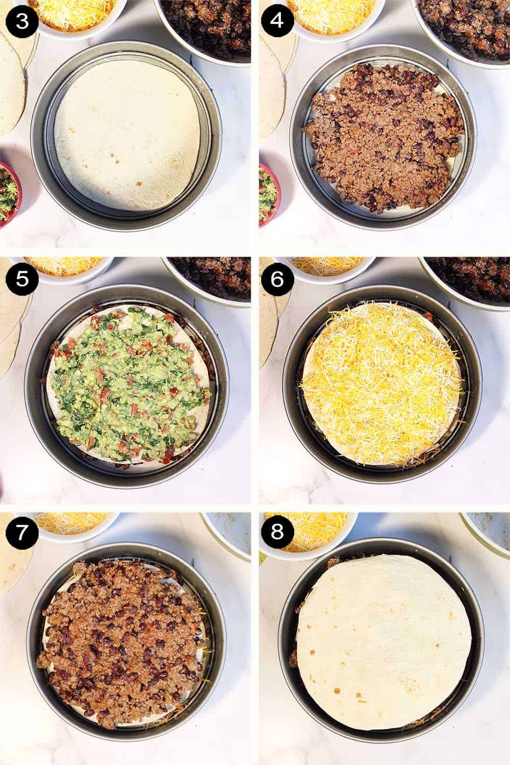 Assembling the tortilla stack in layers of ground beef, guacamole and cheese.