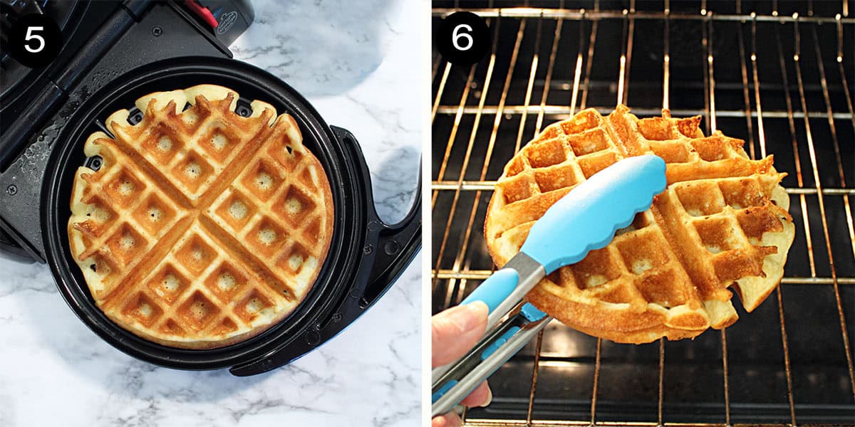 Gluten free waffles cooked in waffle iron and crisped in oven.