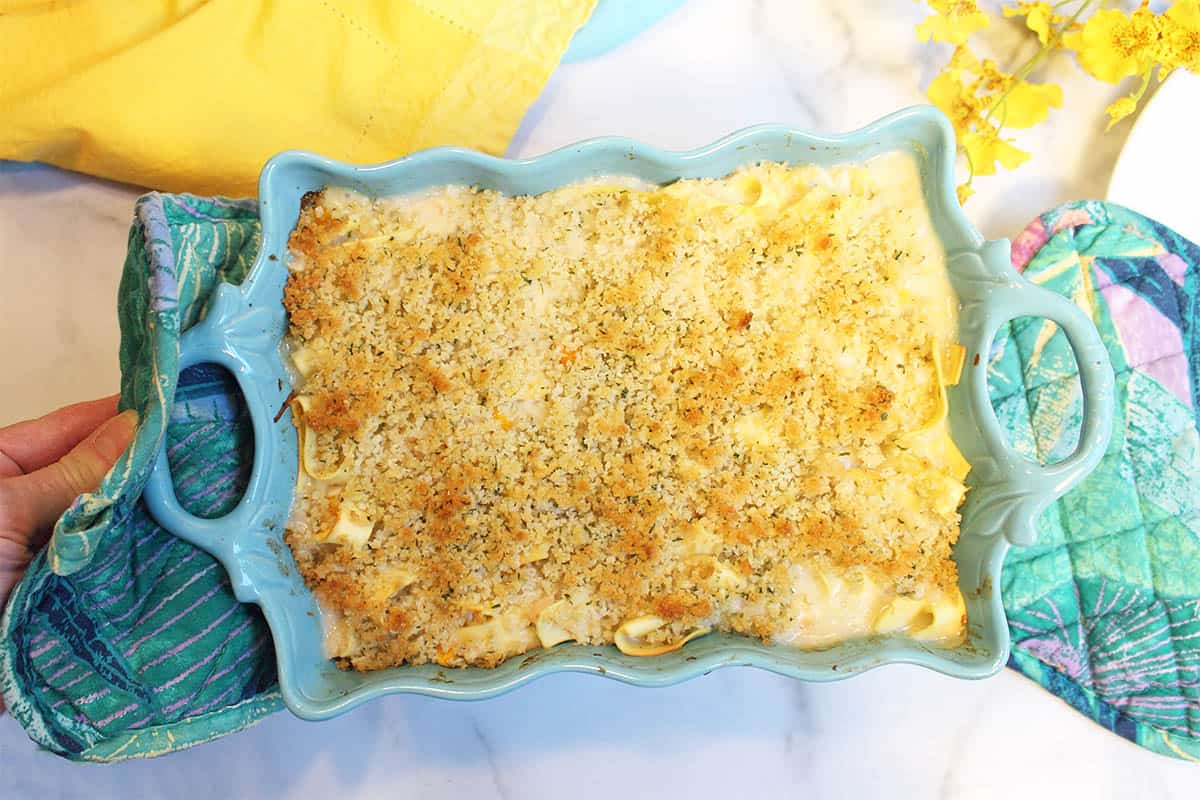 Cheesy tuna casserole straight out of the oven.