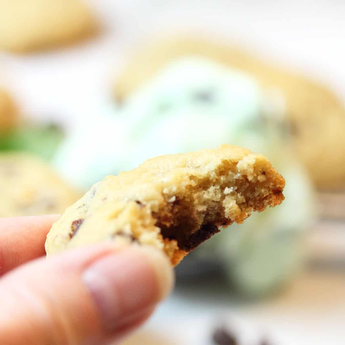 Closeup of bite of cookie in hand.