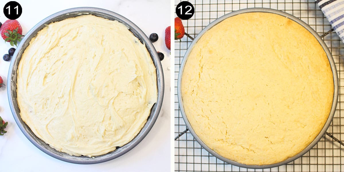 Unbaked and baked cake in pan.