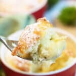 Closeup of bite of key lime pudding cake.