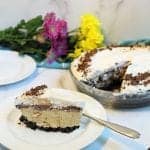 Slice of pie on white plate with fork and showing slice out of pie in background.