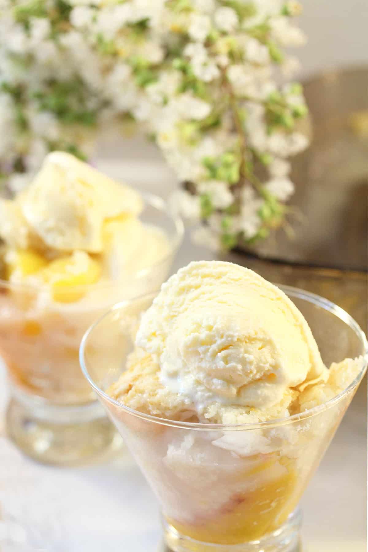 2 servings of cobbler in glass dishes with ice cream on top and flowers in back.
