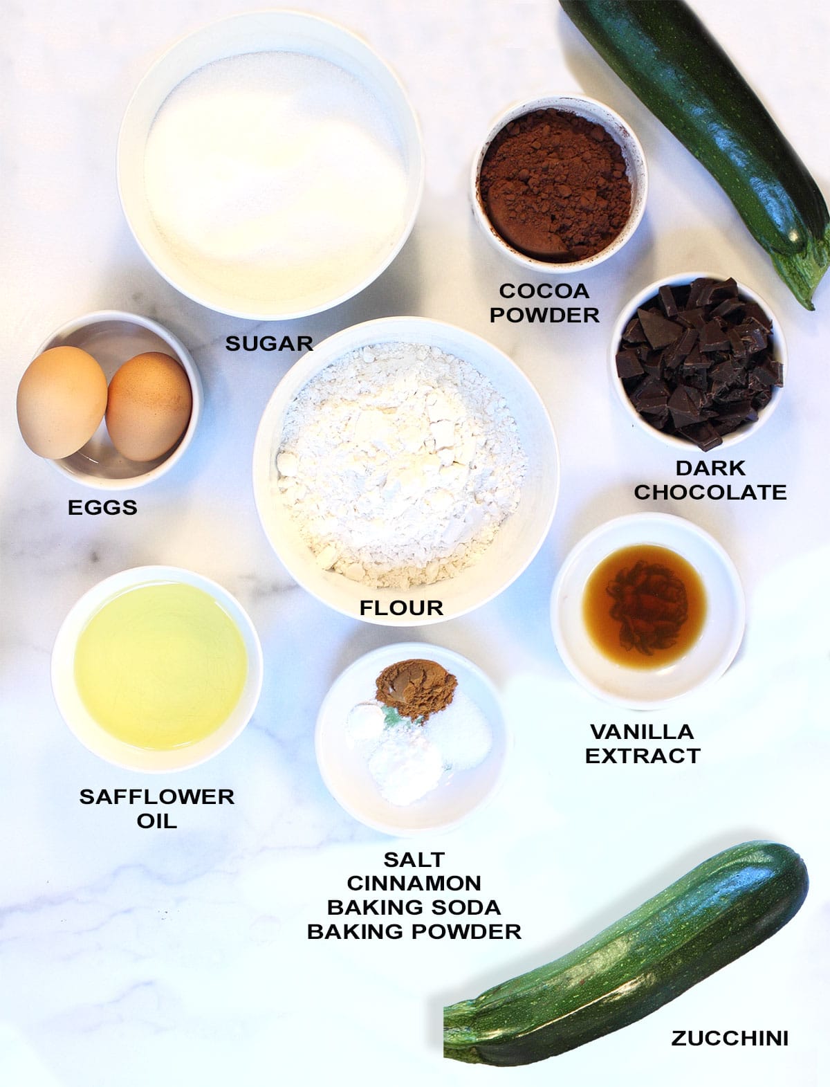 Ingredients for Chocolate  Zucchini Bread recipe.