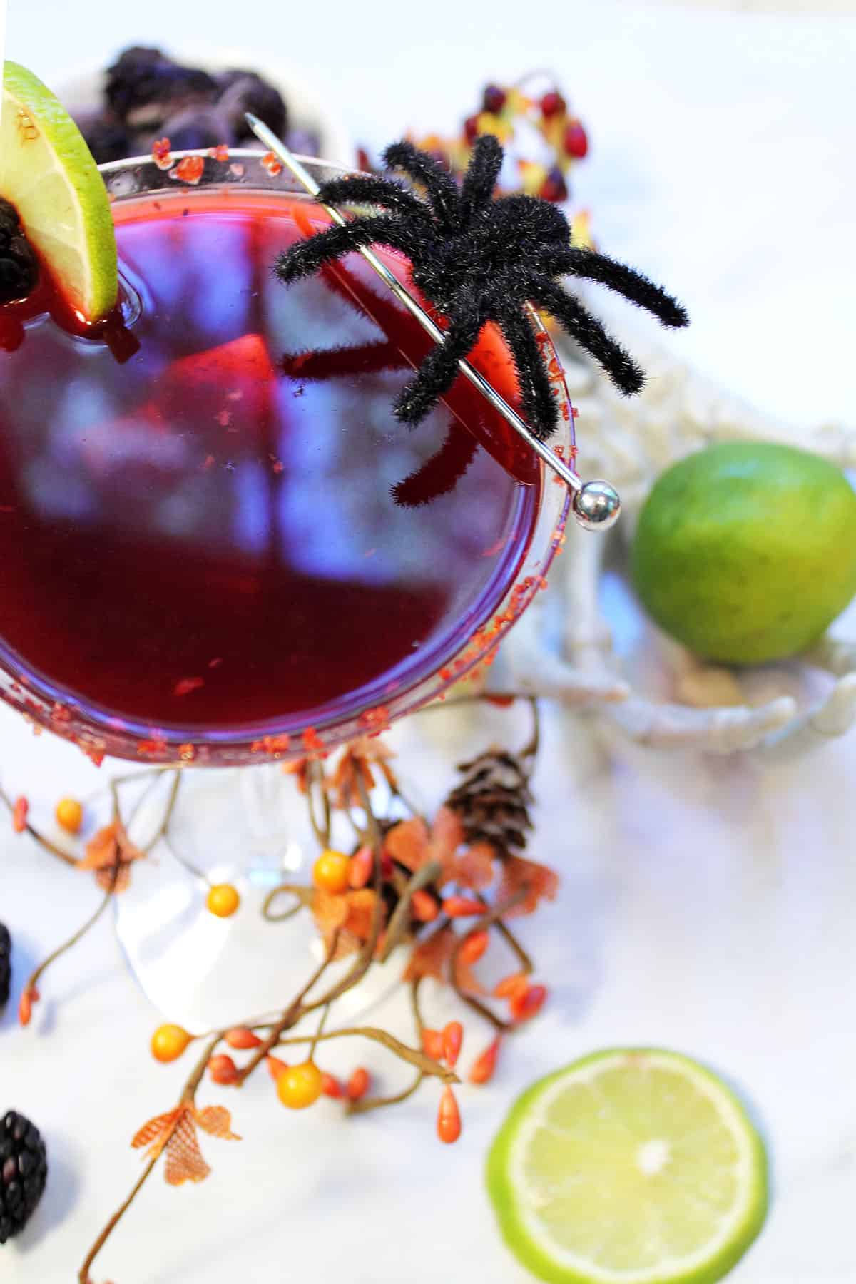 Looking into glass with lime and blackberry garnish and a lil ole spider.