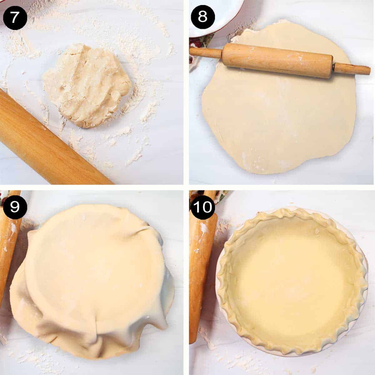Steps to roll pie crust and flute in pie dish.