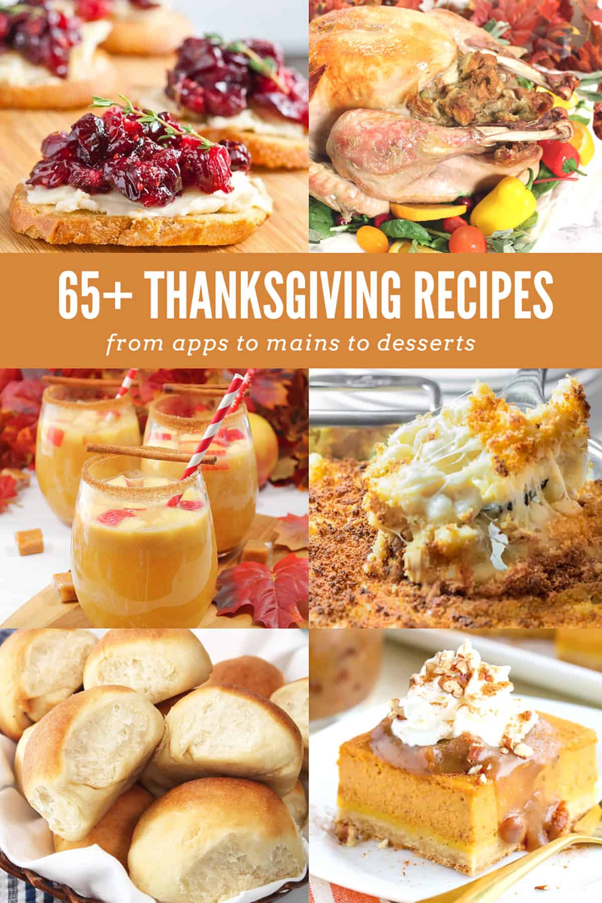 Collage of Thanksgiving recipes with text overlay stating 65 Thanksgiving recipes.