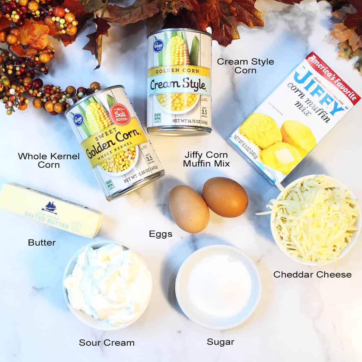 Ingredients for Jiffy Corn Pudding.
