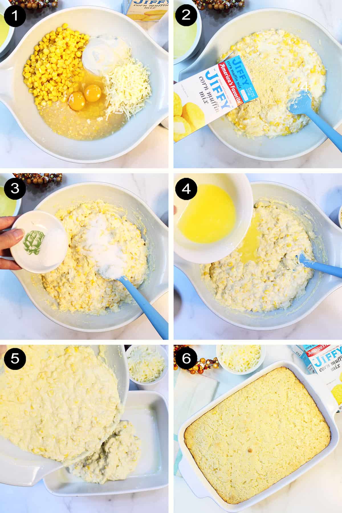 Prep steps to make cheesy corn pudding recipe.