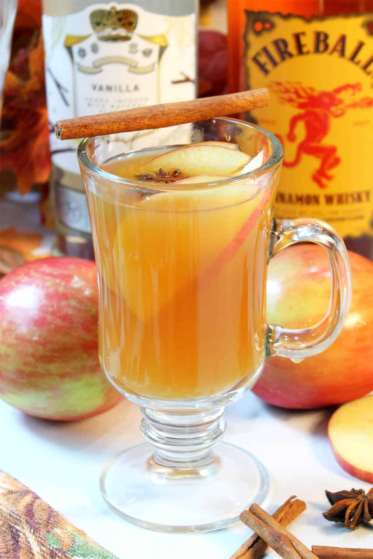 Hot Fireball Apple Cider with cinnamon stick and Fireball whiskey.