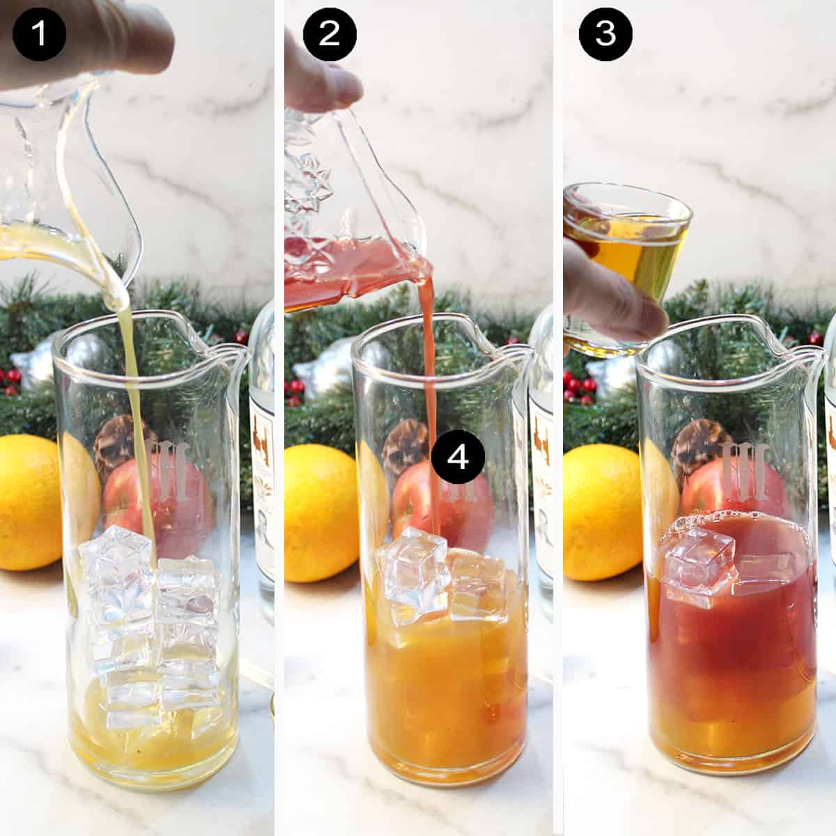 Mixing cocktail steps 1 to 3.