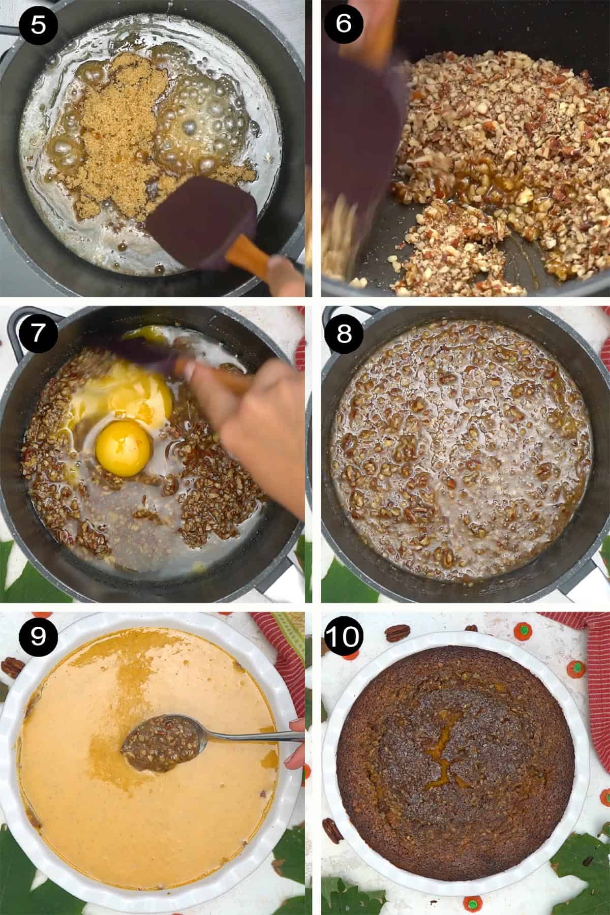 Steps to make pecan filling and putting pie together.