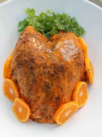 Slow Cooker Turkey Crown on platter.