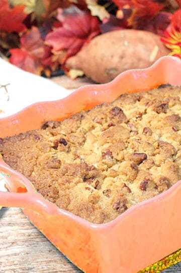 Sweet Potato Casserole with streusel crumbs on top.
