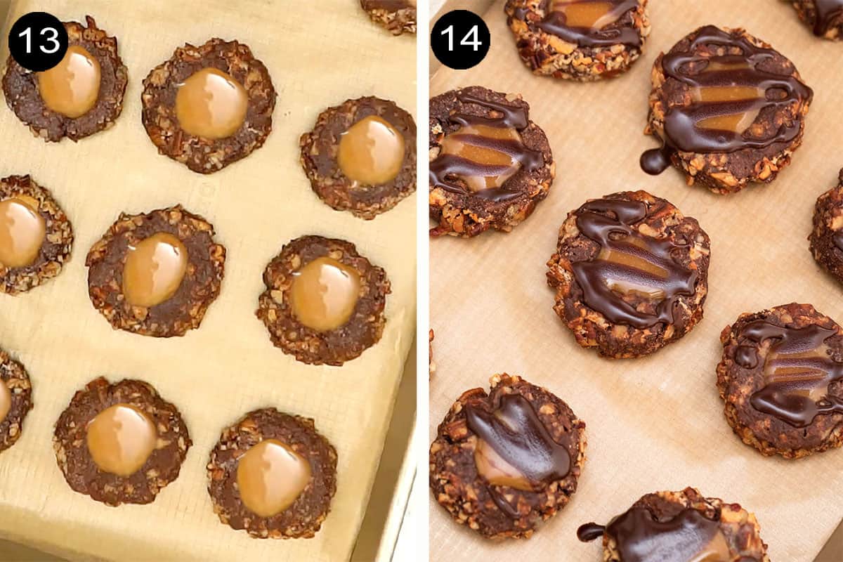 Turtle Thumbprint Cookies filled with caramel and drizzled with chocolate.