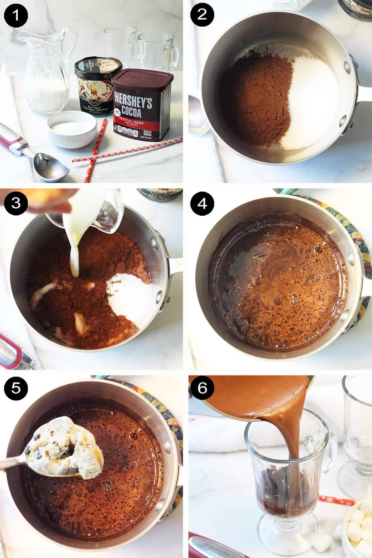 Prep steps to make salted caramel hot chocolate.