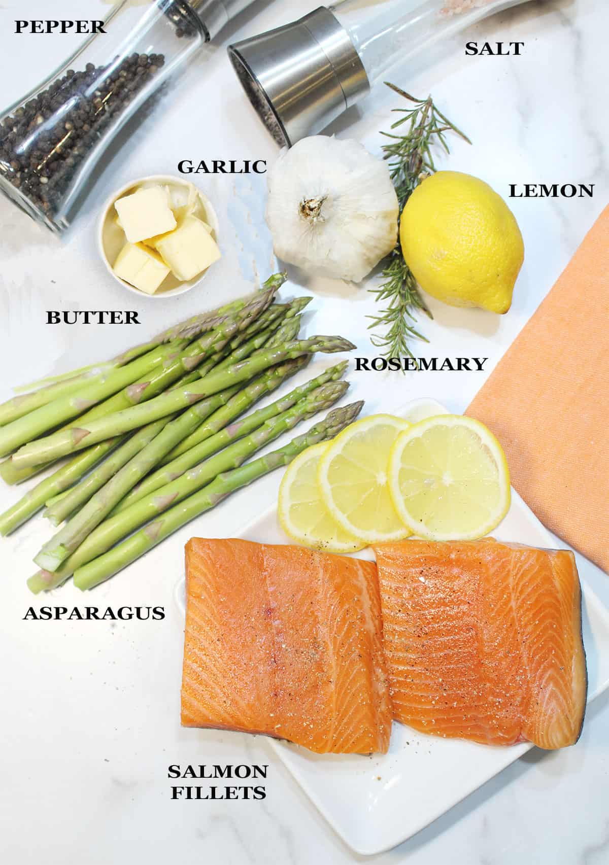 Ingredients for salmon and asparagus in air fryer.