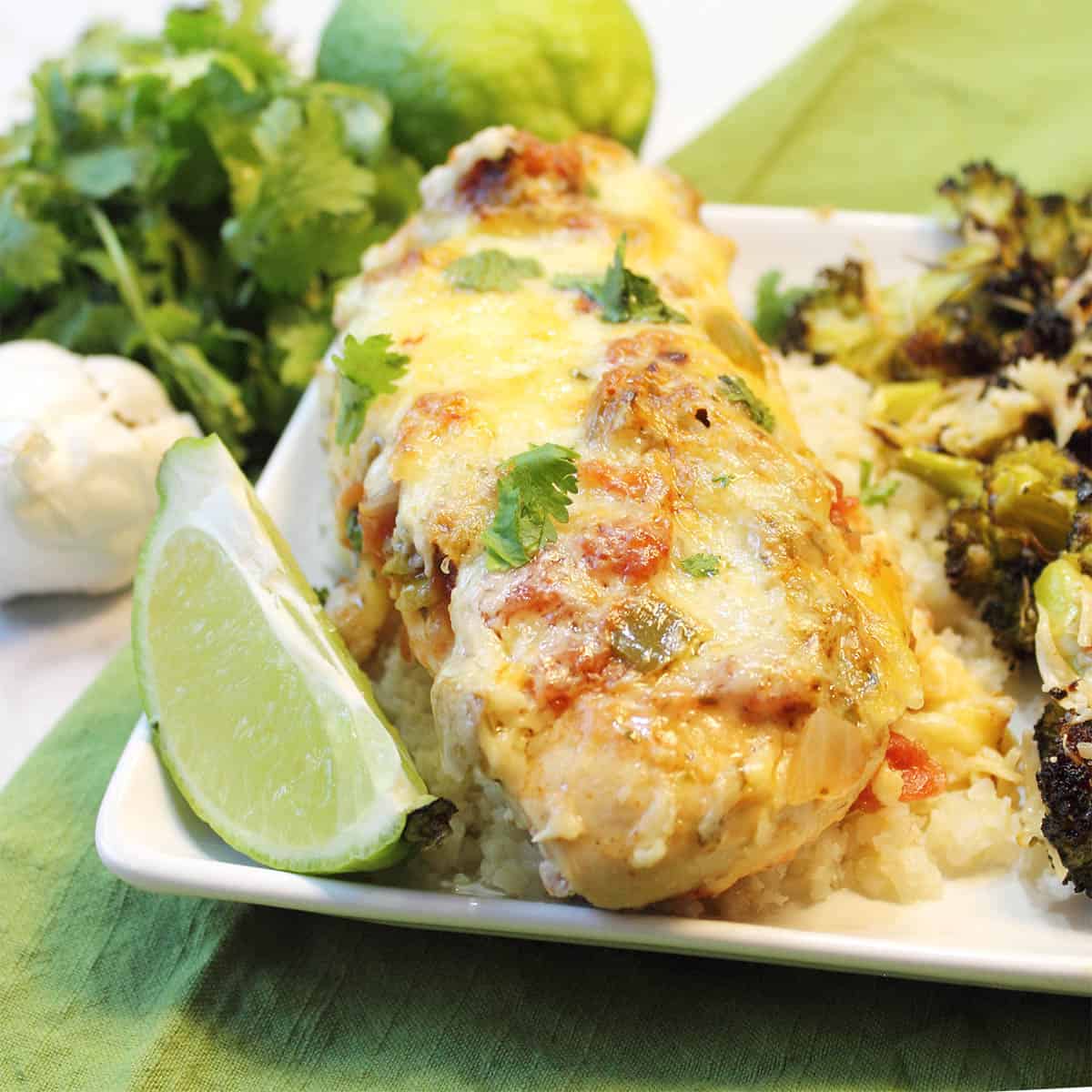 Baked Salsa Chicken dinner plated.