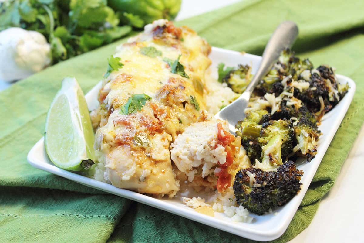 Salsa Chicken recipe plated with bite on fork.