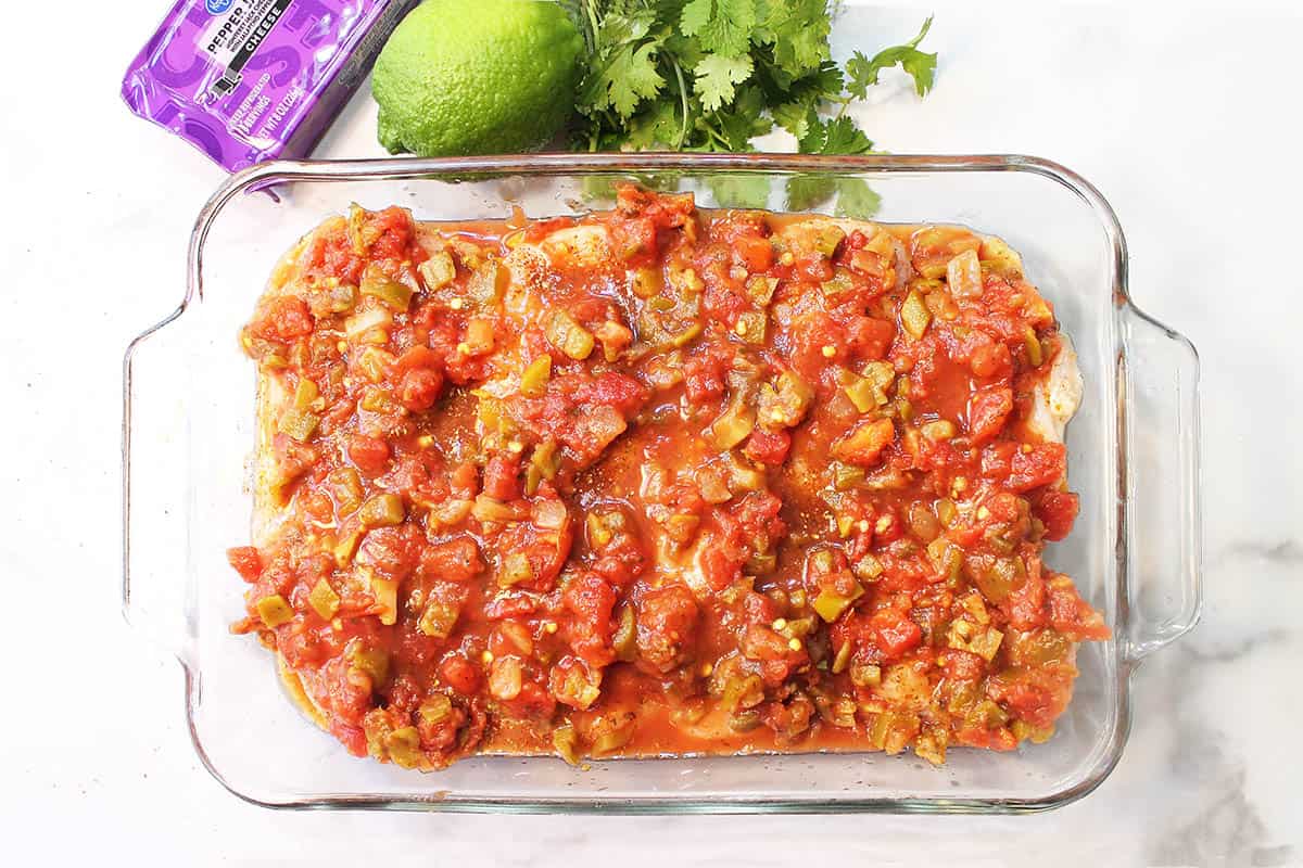 Salsa poured over chicken in baking dish.