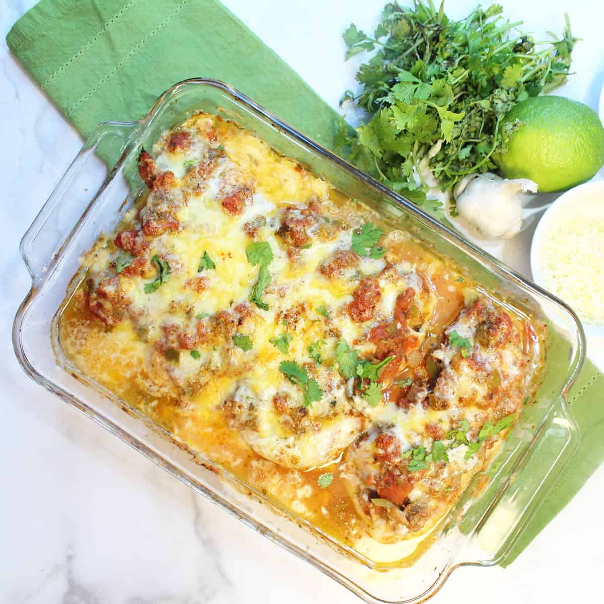 Baked Mexican chicken breasts ready to serve.
