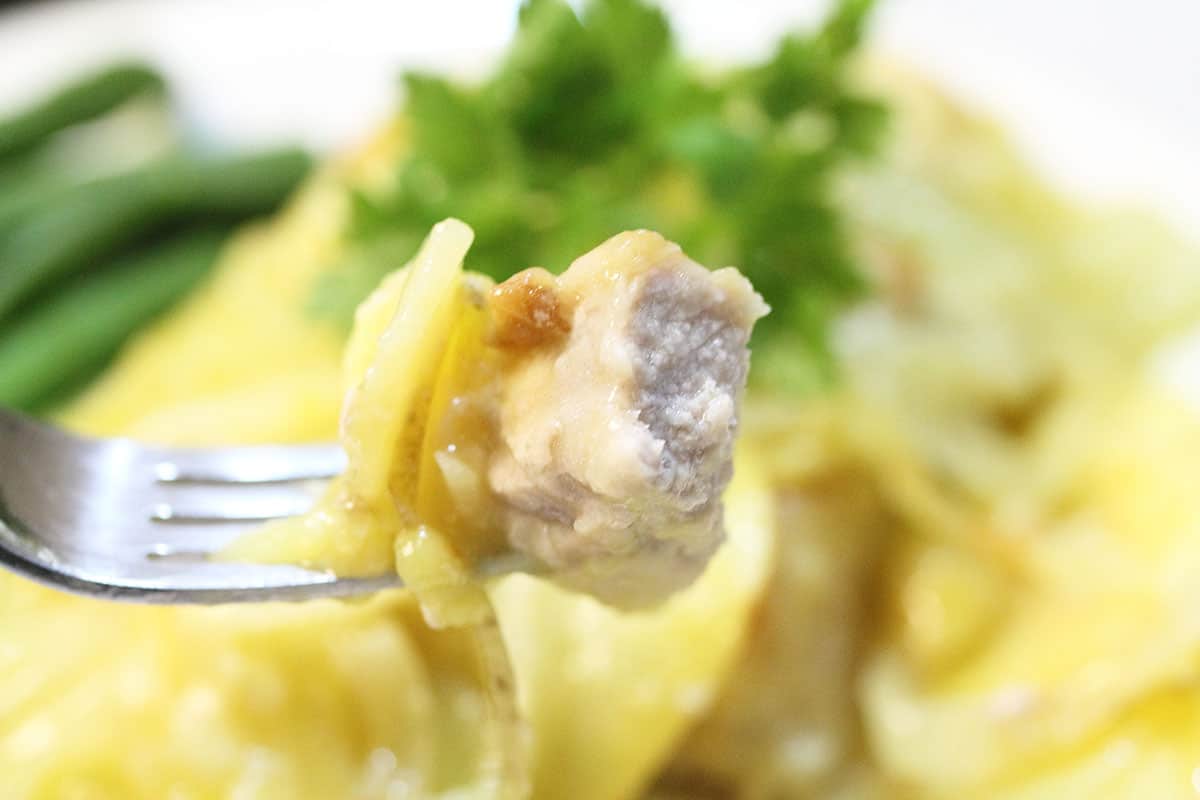 Bite of pork on fork over plate.