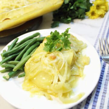 Pork Chop and Potato Casserole plated with parsley garnish,