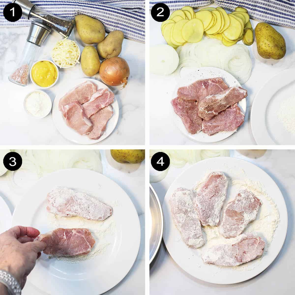 Preparing pork chops prep steps 1-4.