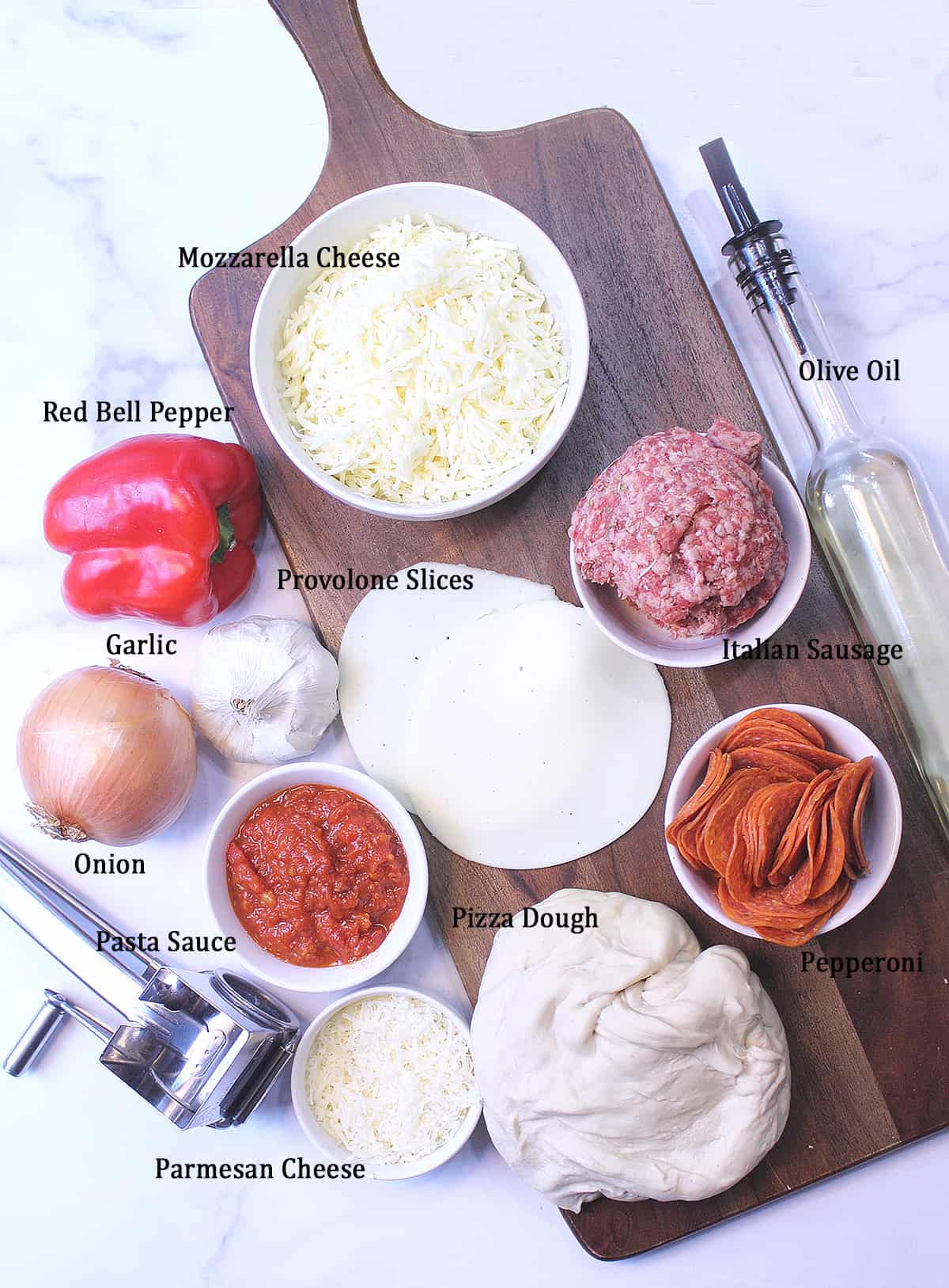 Labeled ingredients for Italian Stromboli.