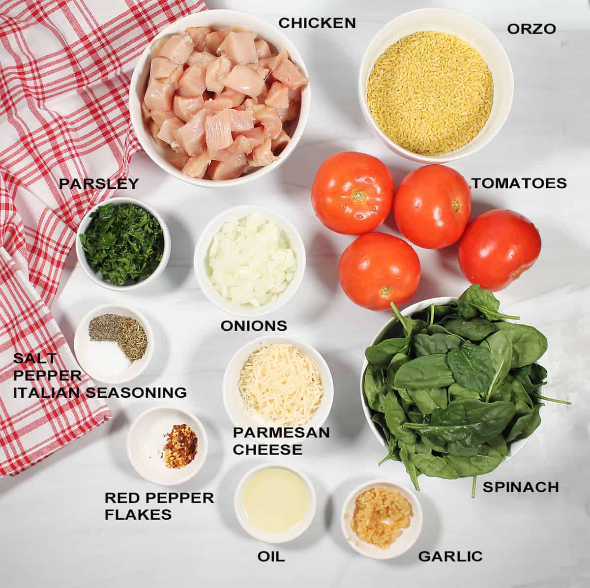 Ingredients for chicken orzo recipe.