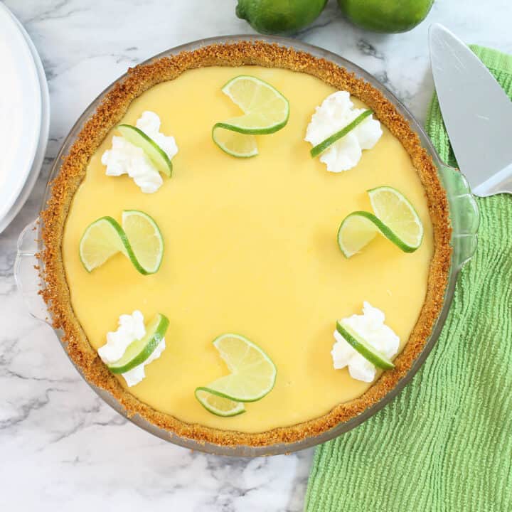 Overhead of garnished pie.