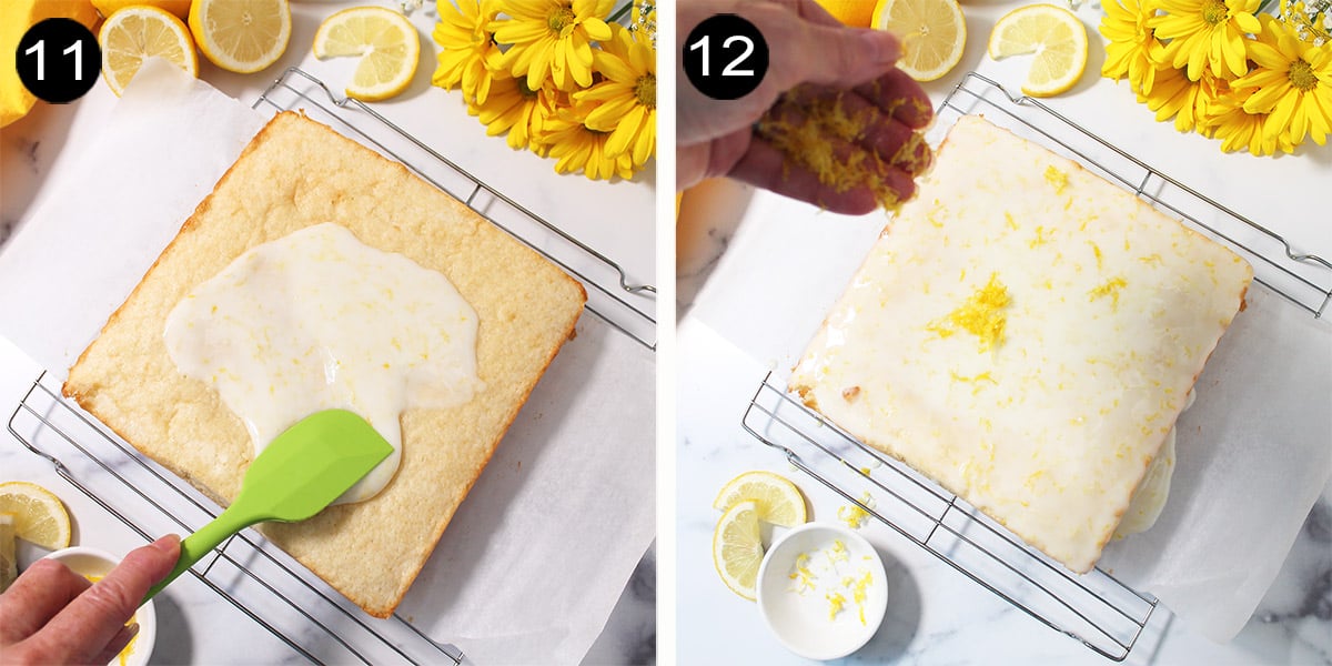Pouring glaze on brownies and topping with zest.