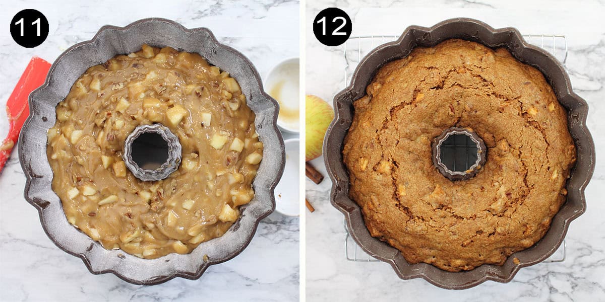 Fresh apple cake batter in bundt pan, unbaked and baked.