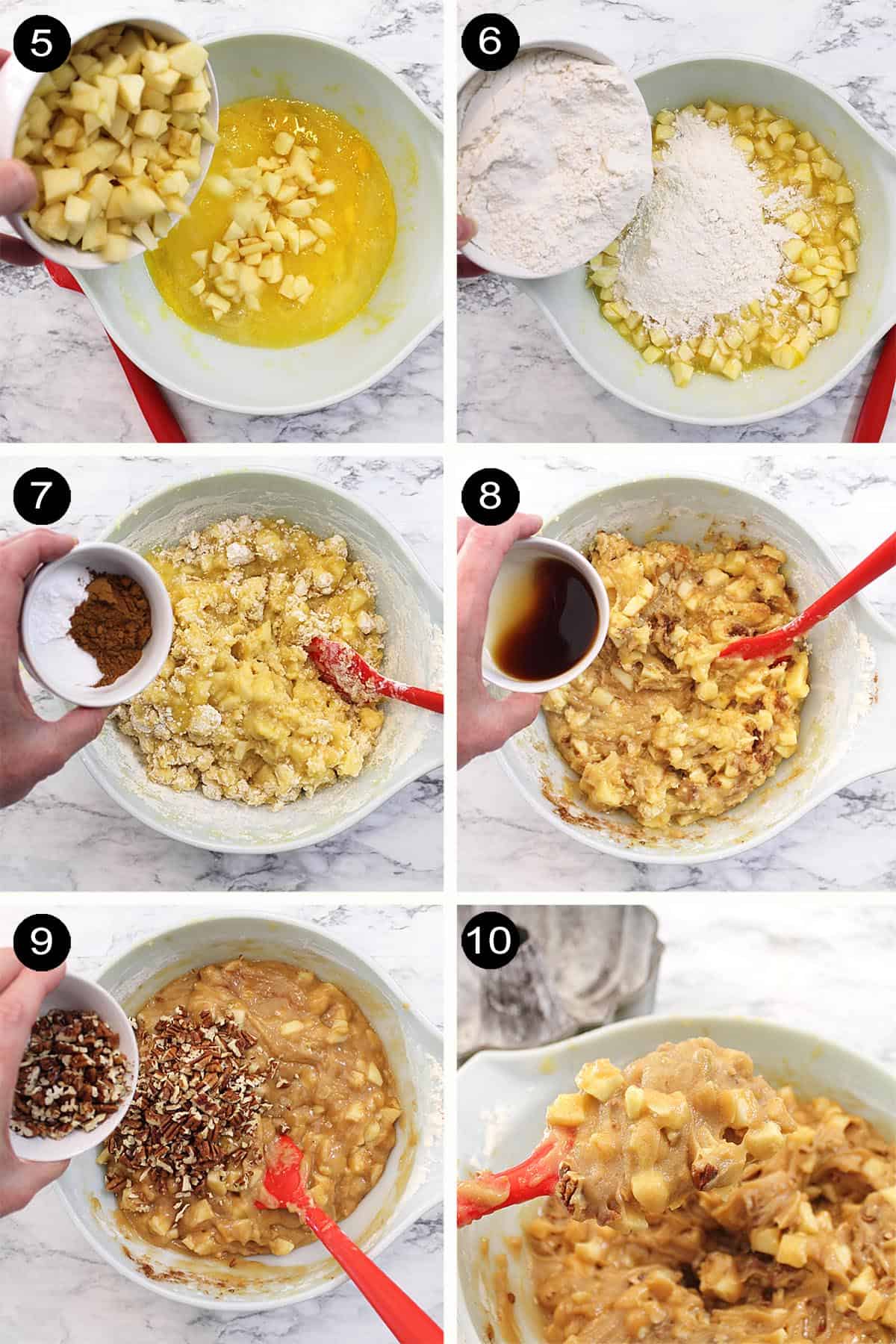 Prep steps 5-10 mixing in flour, apple ingredients and nuts.