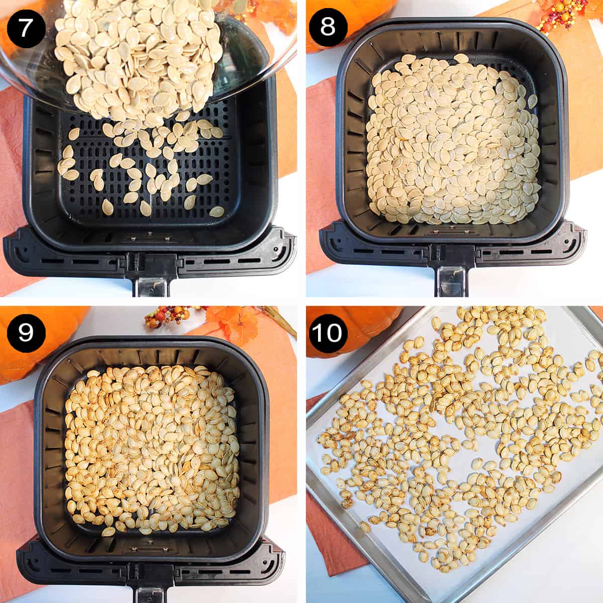 Collage of air fryer steps for roasting seeds.