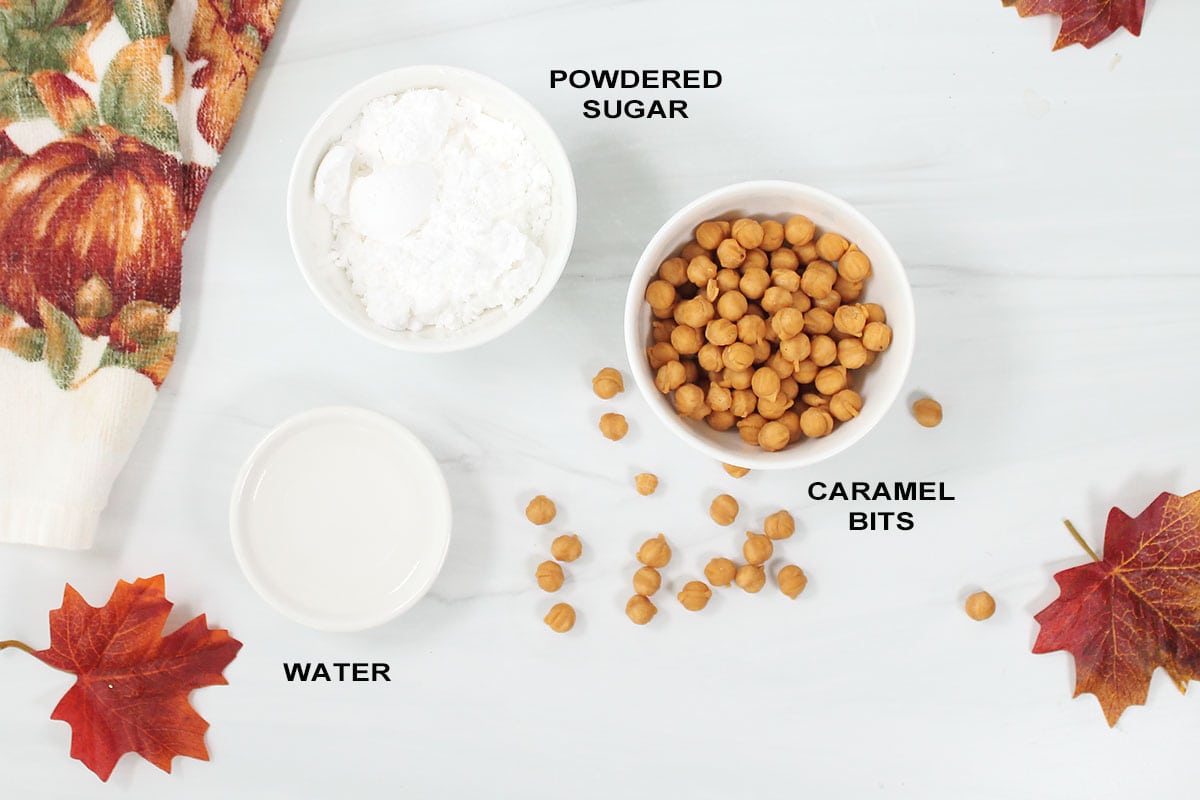 Finishing touch ingredients of caramel and powdered sugar.