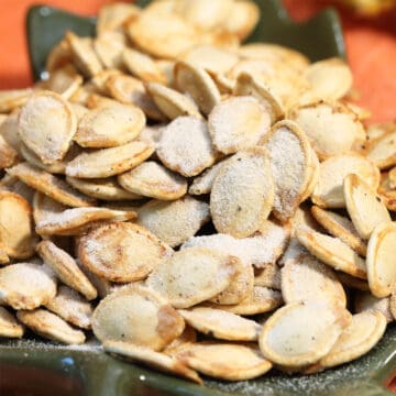 Closeup of seasoned pumpkin seeds.