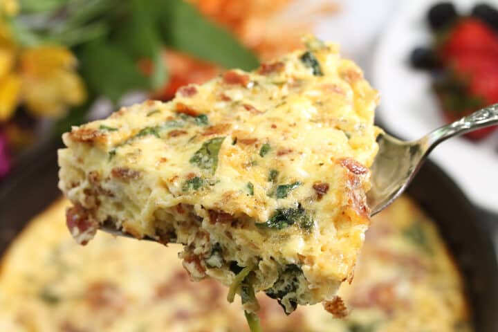 Closeup of slice above baked frittata.