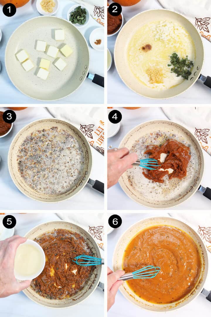 Collage of steps to make pasta with brown butter pumpkin sauce.