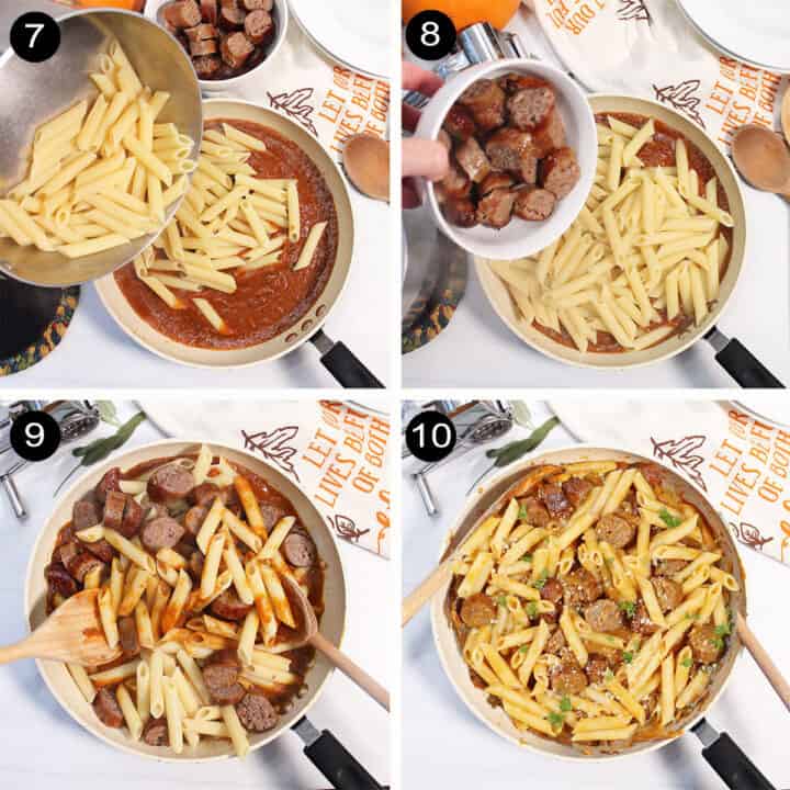 Steps to assemble creamy pasta and sausage with pumpkin sauce.
