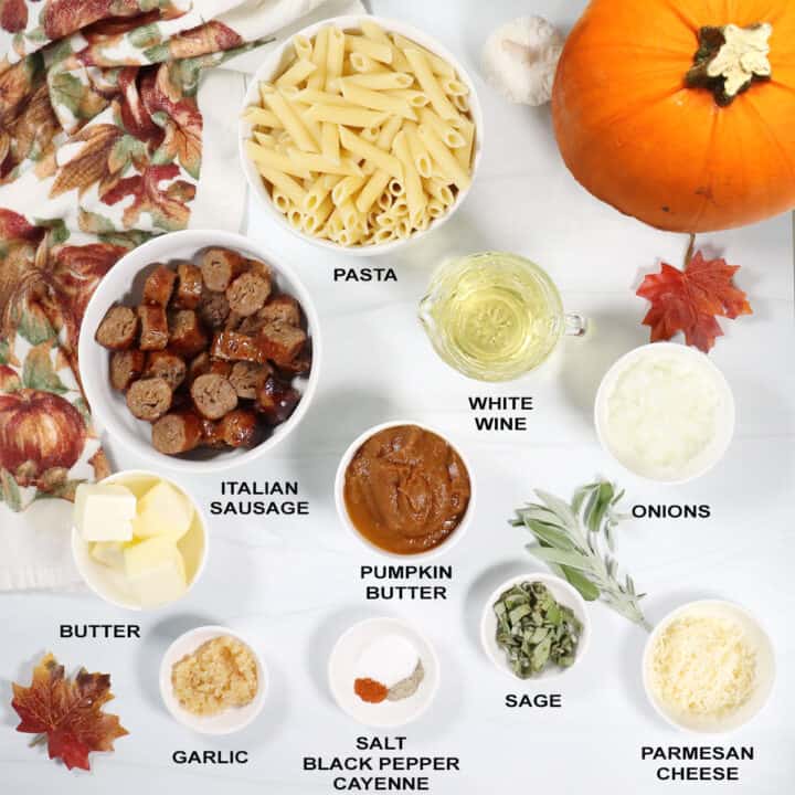 Ingredients for Sausage Pasta with pumpkin sauce.