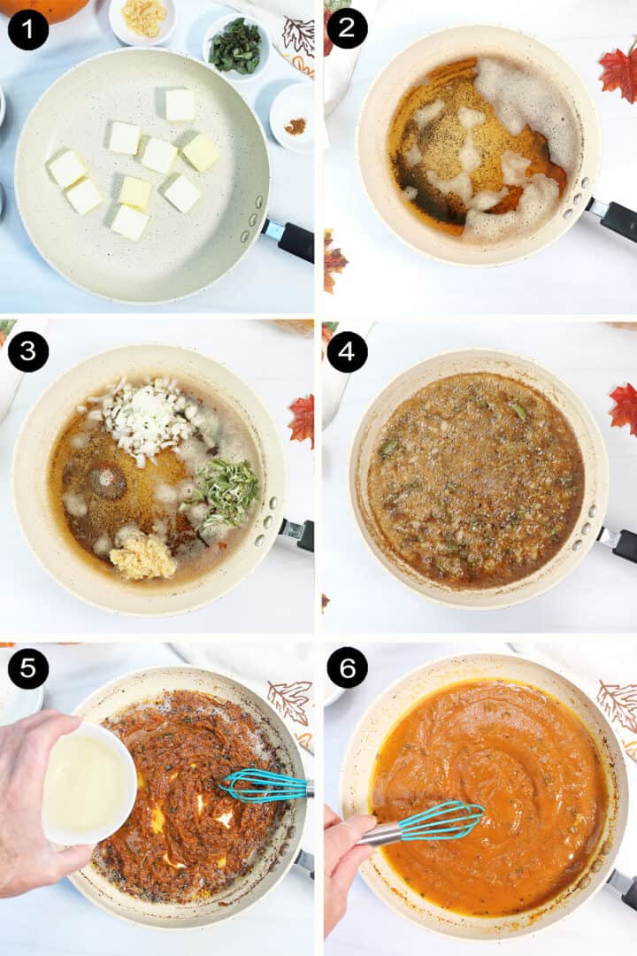 Prep steps to make creamy pumpkin sauce.