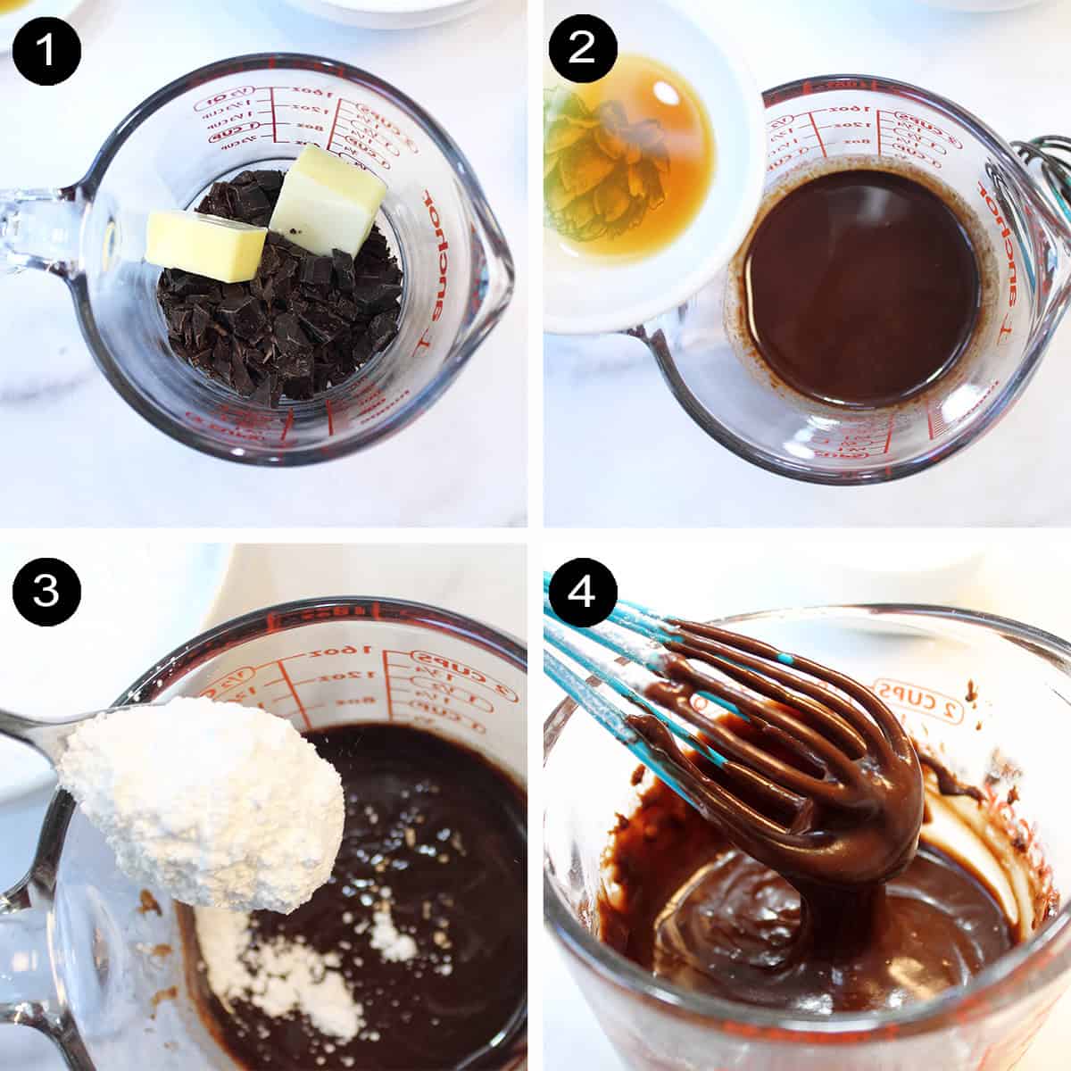 Collage of steps to make chocolate glaze.