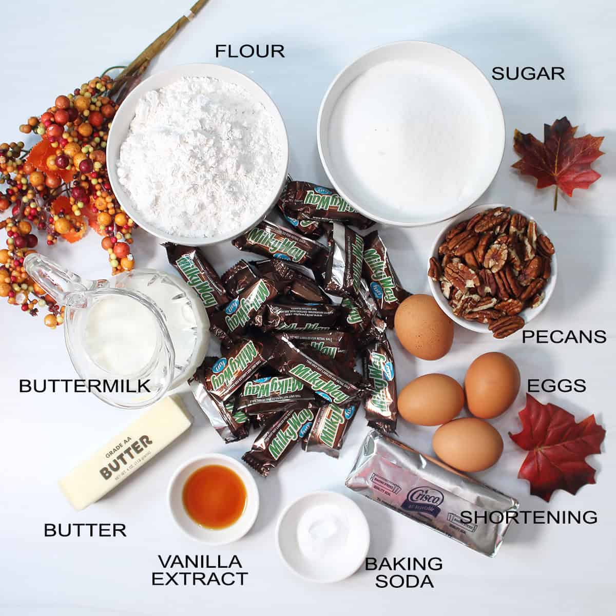 Labeled ingredients for candy bar cake.