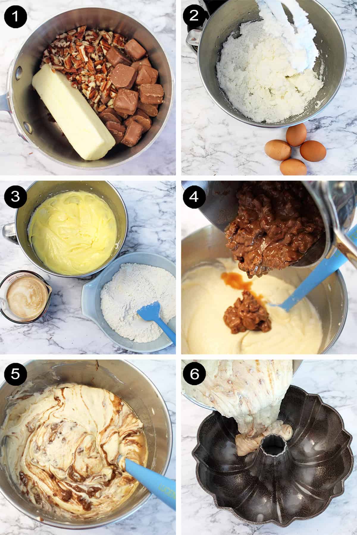 Collage of prep steps to make bundt cake.