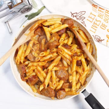 Sausage Pasta with Pumpkin Sauce in skillet ready to serve.