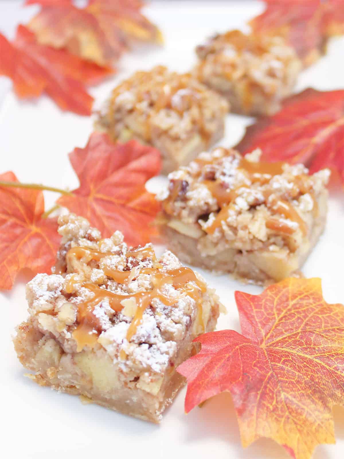 Apple Crisp Bars with caramel drizzle.