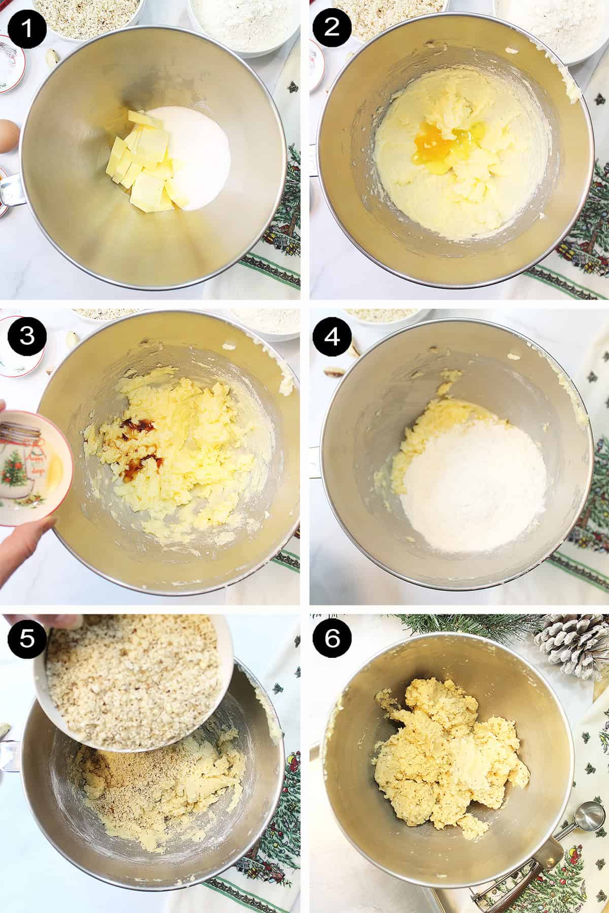 Collage of steps to make snowball cookies recipe.